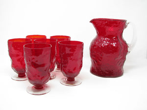 edgebrookhouse - Vintage Morgantown Crinkle Ruby Red Glass Water Goblets Iced Tea Glasses with Pitcher - 7 Pieces
