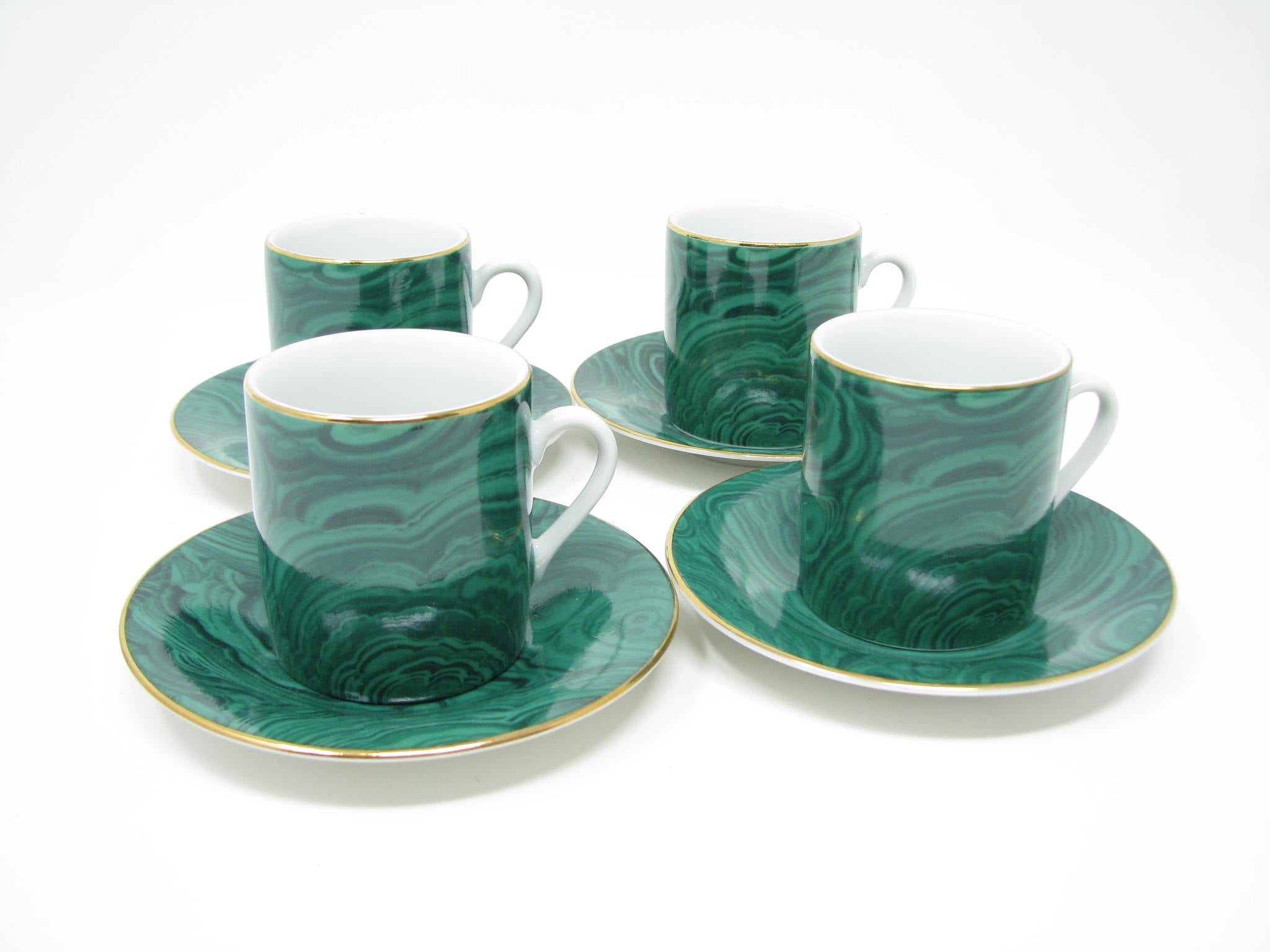 edgebrookhouse - Vintage Neiman Marcus Porcelain Demitasse Cups & Saucers with Malachite Design - 8 Pieces