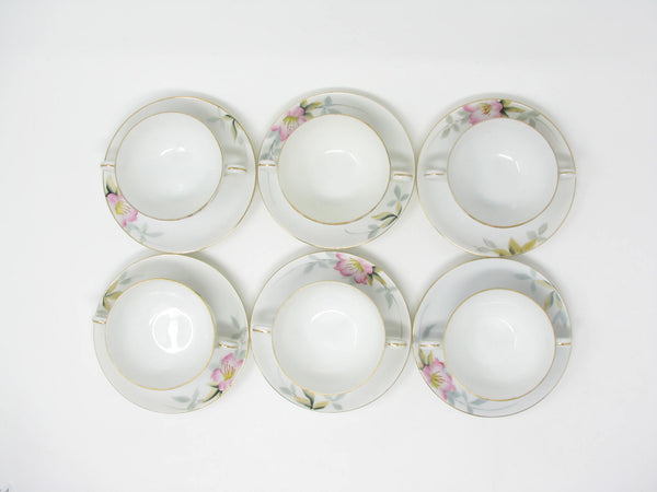 edgebrookhouse - Vintage Noritake Azalea Porcelain Bouillion Soup Cups and Saucers with Floral Design - 12 Pieces