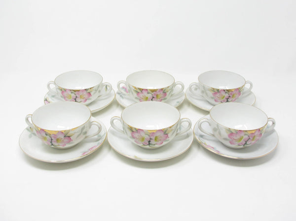 edgebrookhouse - Vintage Noritake Azalea Porcelain Bouillion Soup Cups and Saucers with Floral Design - 12 Pieces
