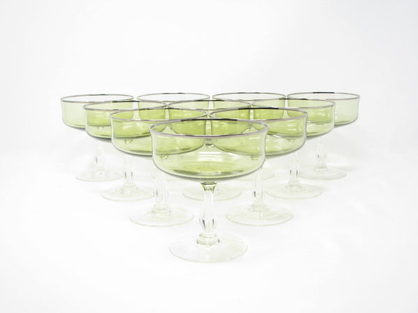 edgebrookhouse - Vintage Noritake Rainbow Green Coupe Champagne Coupe Glasses with Platinum Trim - 10 Pieces