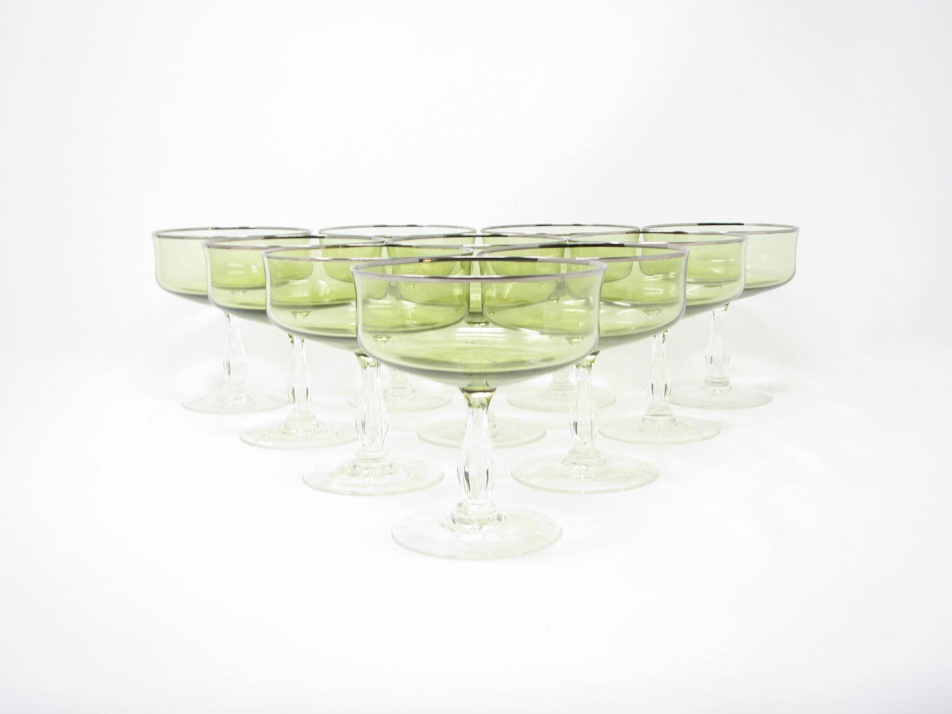 edgebrookhouse - Vintage Noritake Rainbow Green Coupe Champagne Coupe Glasses with Platinum Trim - 10 Pieces