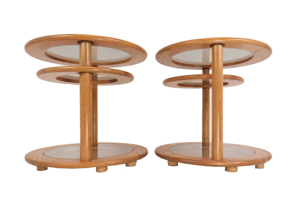 edgebrookhouse - Vintage Oak and Smoked Glass Round Swivel End Tables - a Pair
