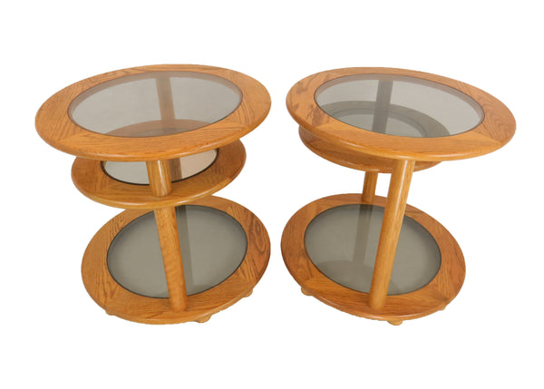edgebrookhouse - Vintage Oak and Smoked Glass Round Swivel End Tables - a Pair