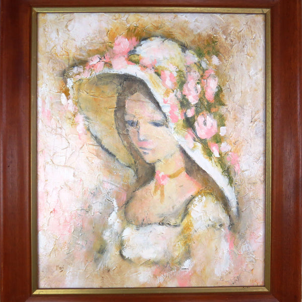 edgebrookhouse - Vintage Oil on Canvas Portrait of a Lady With Large Floral Hat - Artist Signed