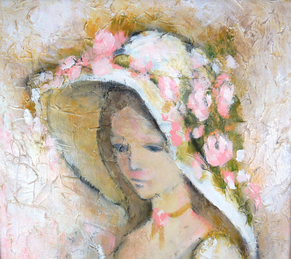 edgebrookhouse - Vintage Oil on Canvas Portrait of a Lady With Large Floral Hat - Artist Signed