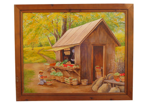 edgebrookhouse - Vintage Oil on Mason Board of a Fruit Stand Scene With Small Child by Artist Miriam Ecker