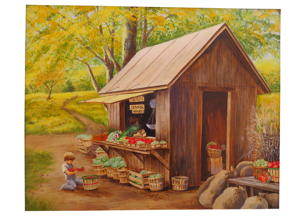 edgebrookhouse - Vintage Oil on Mason Board of a Fruit Stand Scene With Small Child by Artist Miriam Ecker