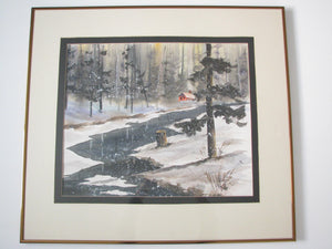 edgebrookhouse - Vintage Original Watercolor of a Cabin on a Snowy Creek