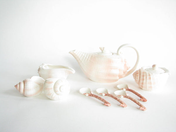 edgebrookhouse - Vintage Otagiri Beachcomber Ceramic Shell Tea Service Set with Bonus Fitz Floyd Spoons - 9 Pieces