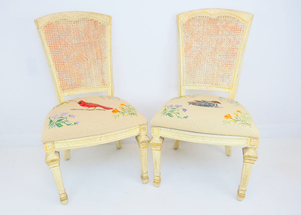 edgebrookhouse - Vintage Painted Dining Side Chairs With Caning and Needlepoint Upholstery - Set of 4