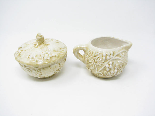 edgebrookhouse - Vintage Peri Wolfman Perigrappa Deruta Italy Ceramic Creamer and Lidded Sugar Bowl with Embossed Grapes Leaves -  2 Pieces