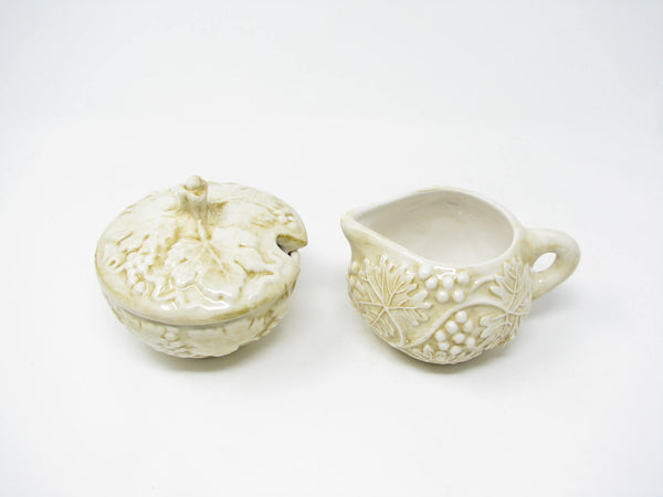 edgebrookhouse - Vintage Peri Wolfman Perigrappa Deruta Italy Ceramic Creamer and Lidded Sugar Bowl with Embossed Grapes Leaves -  2 Pieces