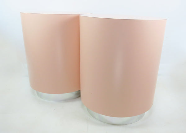 edgebrookhouse - Vintage Postmodern Light Pink Laminate and Chrome Cylinder Drum Tables or Pedestals - a Pair