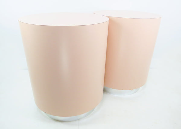 edgebrookhouse - Vintage Postmodern Light Pink Laminate and Chrome Cylinder Drum Tables or Pedestals - a Pair