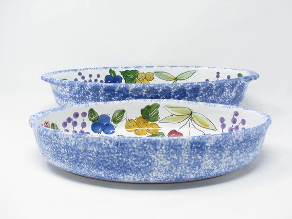 edgebrookhouse - Vintage Pottery Serving Bowls / Casserole Dishes with Hand-Painted Spongeware Fruit Design - Set of 2