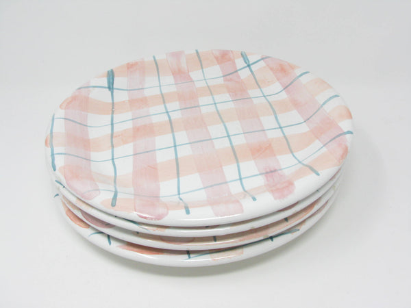 edgebrookhouse - Vintage Primula Italy Pink Green Plaid Ceramic Dinner Plates - Set of 4