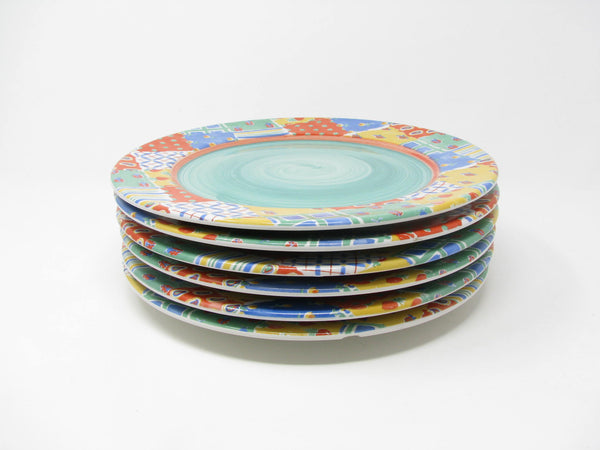 edgebrookhouse - Vintage Raul Bernarda Ceramic Dinner Plates with Colorful Patchwork Rim - 6 Pieces