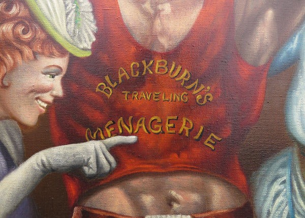 edgebrookhouse - Vintage Robert Nippress Satirical Oil on Canvas - Blackburn's Traveling Menagerie