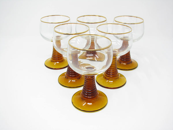 edgebrookhouse - Vintage Roemer Wine Glasses with Amber Stacked Stem and Gold Trim - 6 Pieces