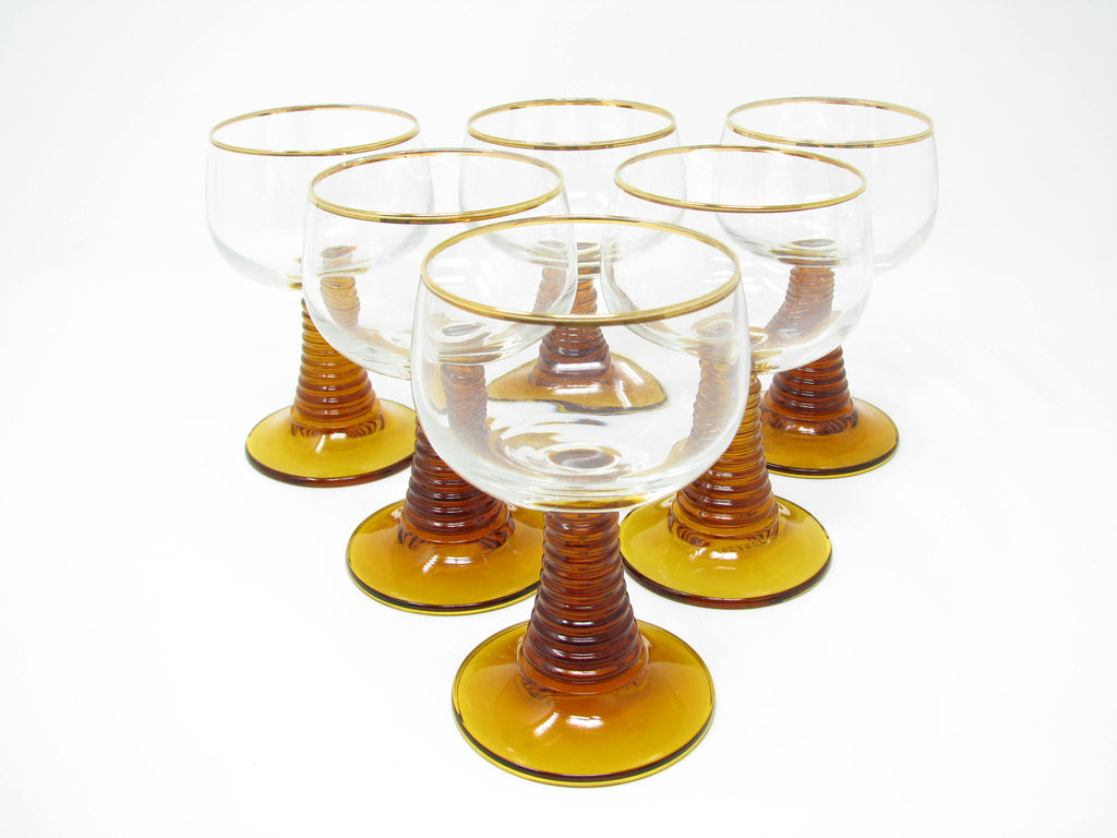 Vintage Roemer Wine Glasses with Amber Stacked Stem and Gold Trim - 6   edgebrookhouse