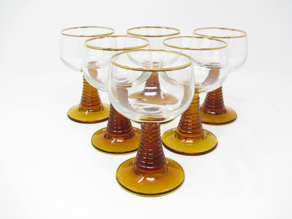 edgebrookhouse - Vintage Roemer Wine Glasses with Amber Stacked Stem and Gold Trim - 6 Pieces