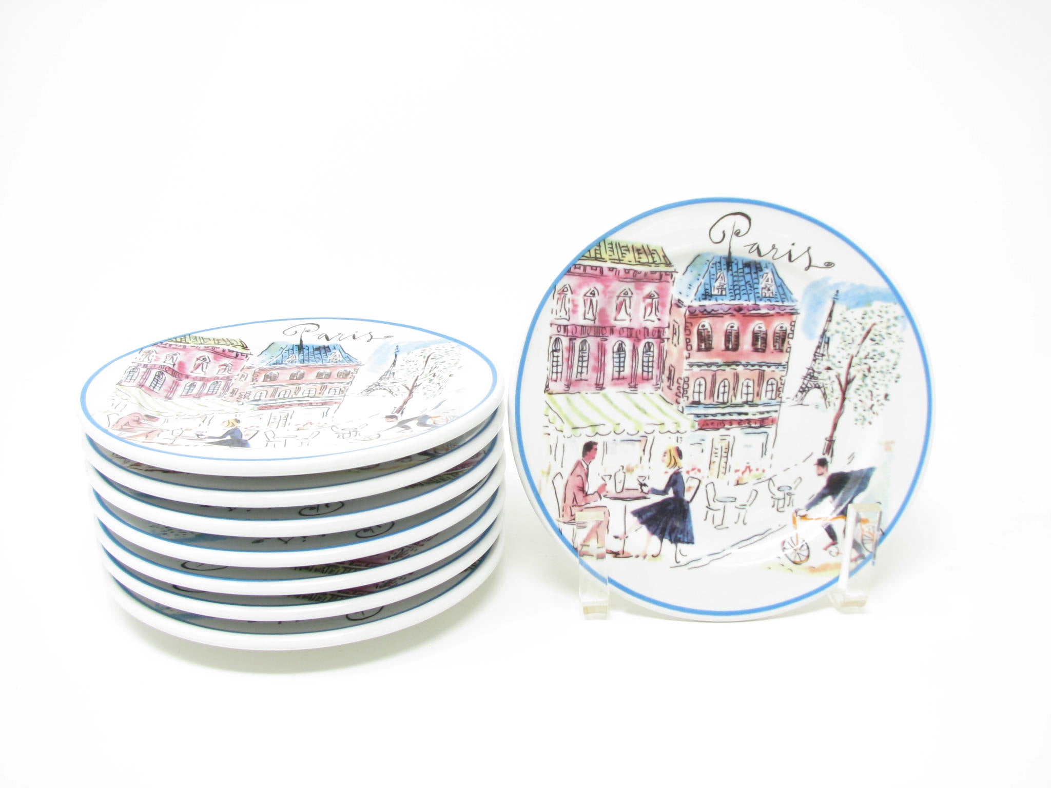 edgebrookhouse - Vintage Rosanna City Scene with Couple in Paris Bread or Dessert Plates Made in Italy - 8 Pieces