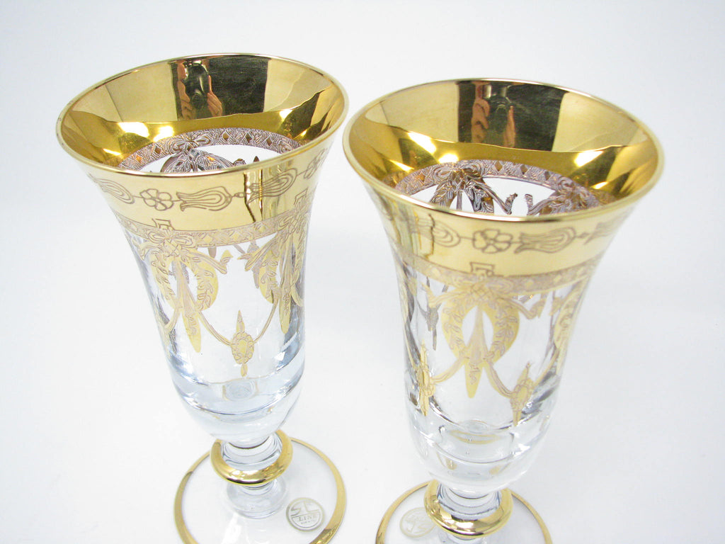 Interglass Italy Crystal Champagne Flutes, Vintage Design 24kt