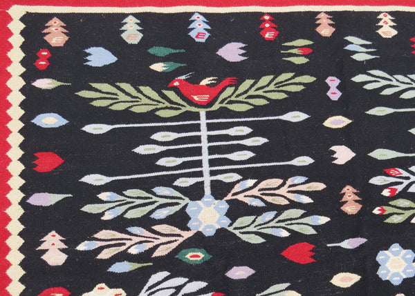 edgebrookhouse - Vintage Scandinavian Folk Art Inspired Dhurrie Rug With Birds and Foliage