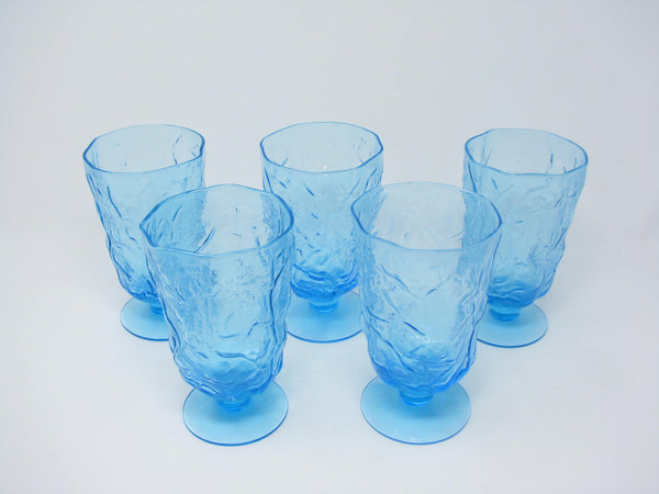edgebrookhouse - Vintage Seneca Driftwood Aqua Turquoise Crinkle Glass Footed Water Goblets - 5 Pieces