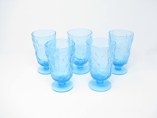 edgebrookhouse - Vintage Seneca Driftwood Aqua Turquoise Crinkle Glass Footed Water Goblets - 5 Pieces