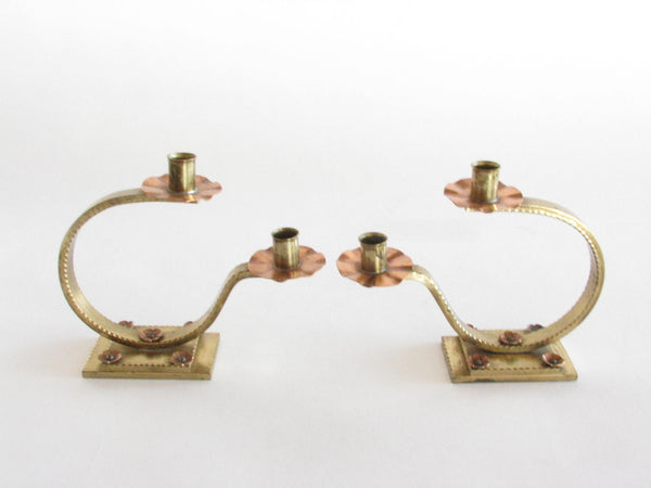 edgebrookhouse - Vintage Small Hand Forged Solid Brass Scroll Candelabra Candle Holders with Copper Bobeches and Rosettes - a Pair