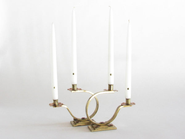 edgebrookhouse - Vintage Small Hand Forged Solid Brass Scroll Candelabra Candle Holders with Copper Bobeches and Rosettes - a Pair