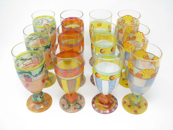 edgebrookhouse - Vintage Smithereens Custom Hand-Painted Water Goblets / Iced Tea Glasses with Medici Patterns - 12 Pieces