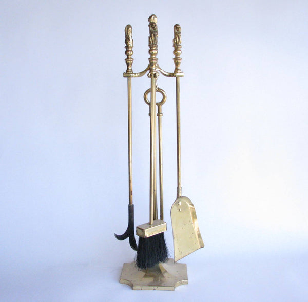 edgebrookhouse - Vintage Solid Brass Fire Tool Set With Lion Head Handles - 5 Pieces