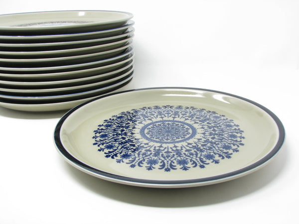 edgebrookhouse - Vintage Stoneware Dinner Plates with Blue Medallion Design and Rim - 12 Pieces