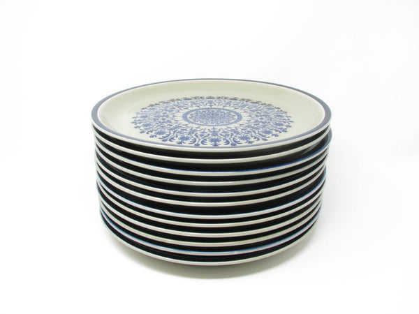 edgebrookhouse - Vintage Stoneware Dinner Plates with Blue Medallion Design and Rim - 12 Pieces
