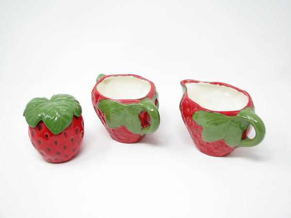 edgebrookhouse - Vintage Strawberry Shaped Hand-Painted Ceramic Creamer, Sugar Bowl and Lidded Jam Dish - 3 Pieces