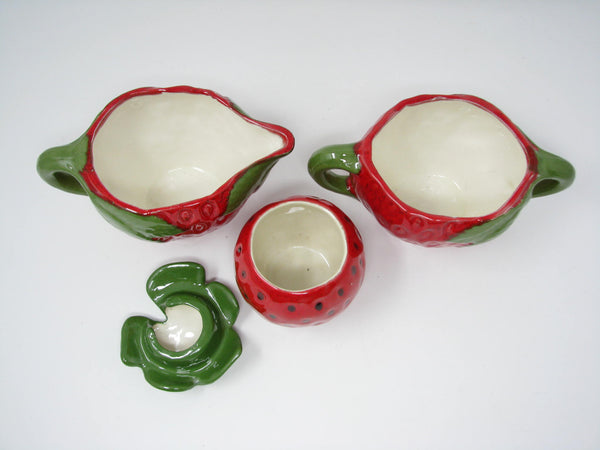 edgebrookhouse - Vintage Strawberry Shaped Hand-Painted Ceramic Creamer, Sugar Bowl and Lidded Jam Dish - 3 Pieces