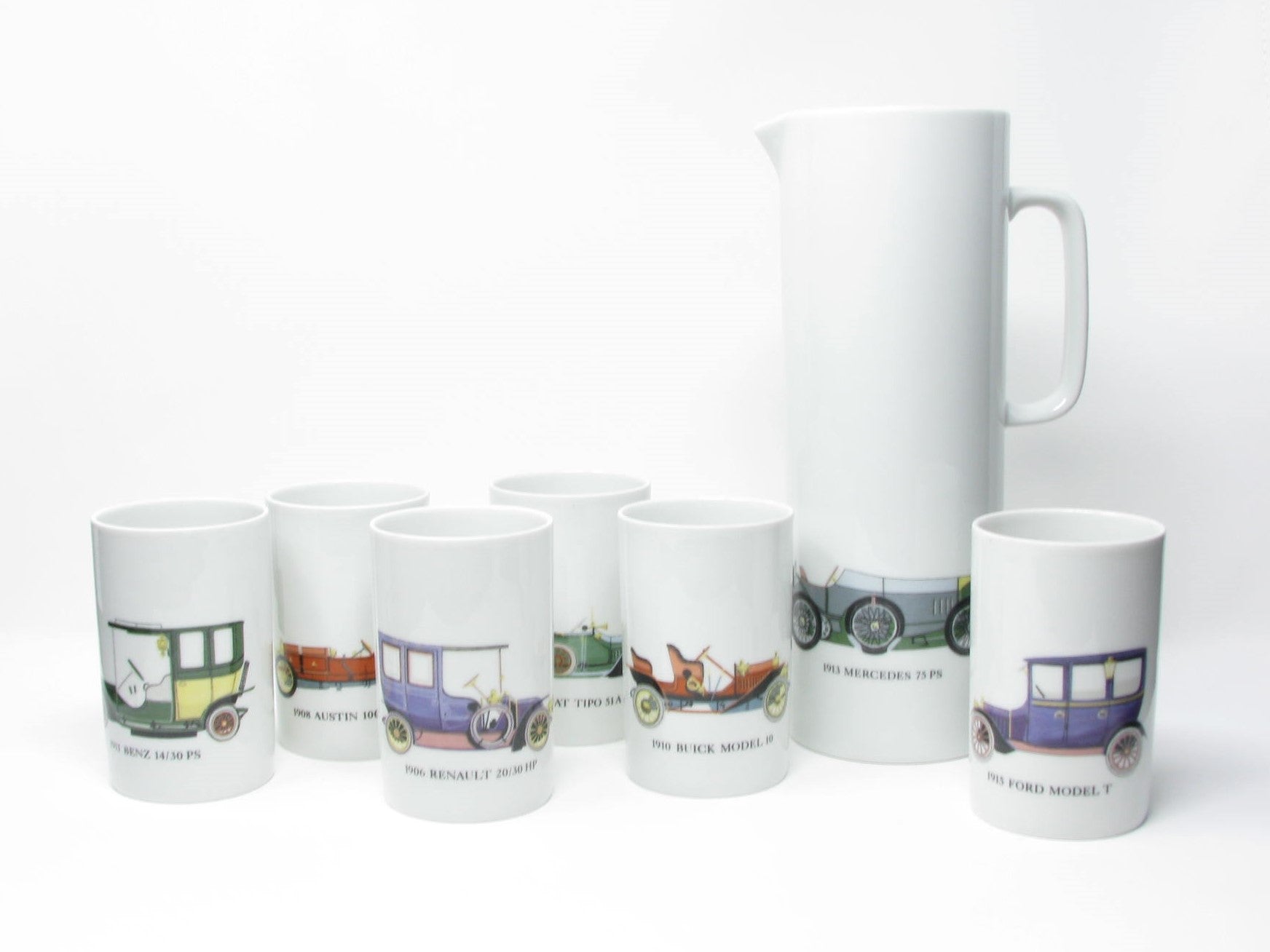 edgebrookhouse - Vintage Thomas Germany Porcelain Classic Cars Autos Cups & Pitcher Set - 7 Pieces