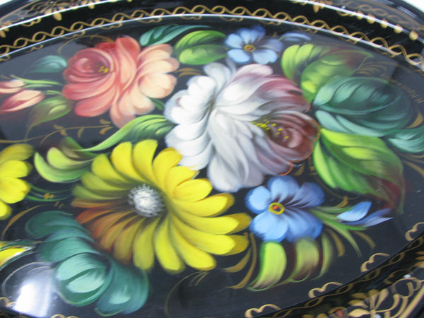 edgebrookhouse - Vintage Tole Hand-Painted Metal Trays with Floral Design - 2 Pieces