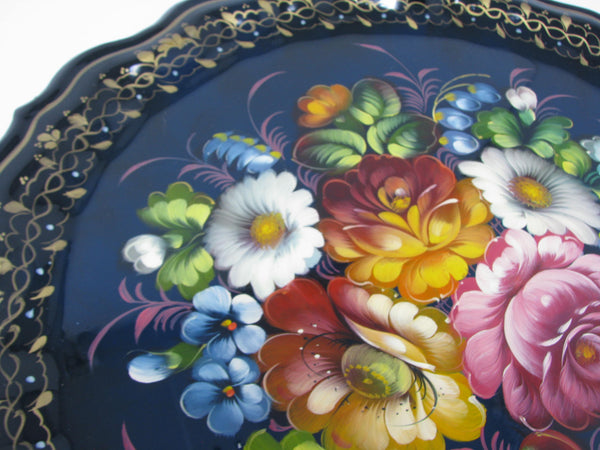edgebrookhouse - Vintage Tole Hand-Painted Metal Trays with Floral Design - 2 Pieces