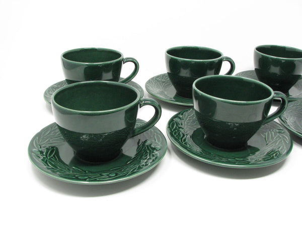 edgebrookhouse - Vintage Varages France Dark Green Cups & Saucers with Embossed Foliage and Berries - 12 Pieces