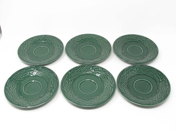 edgebrookhouse - Vintage Varages France Dark Green Cups & Saucers with Embossed Foliage and Berries - 12 Pieces