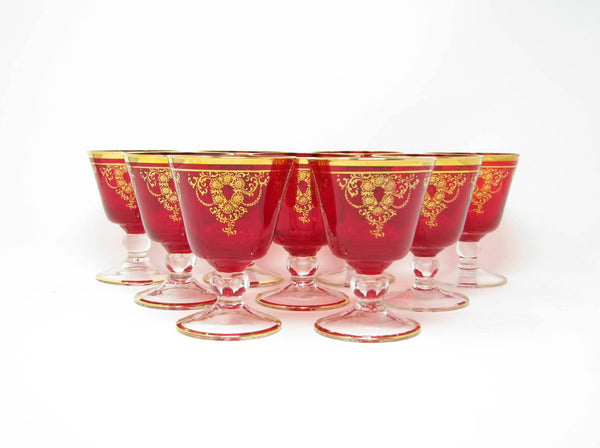 edgebrookhouse - Vintage Venetian Red Blown Glass Champagne Sherbet Glasses with Gold Detail - 9 Pieces