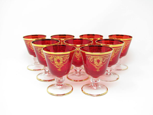 edgebrookhouse - Vintage Venetian Red Blown Glass Champagne Sherbet Glasses with Gold Detail - 9 Pieces