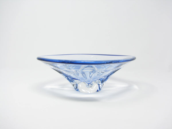 edgebrookhouse - Vintage Vicke Lindstrand Style Studio Art Glass Centerpiece Bowl with Encased Blue Spiral Thread Unsigned