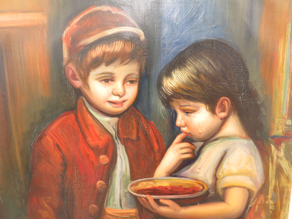 edgebrookhouse - Vintage Vitto Rivetti (Italian 1930-) Oil on Canvas of a Little Boy With Crying Girl