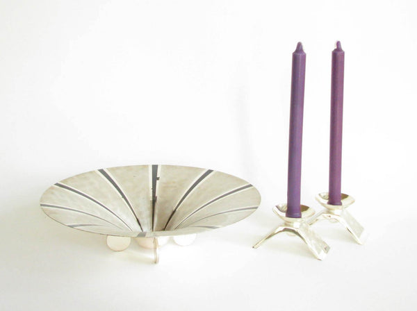edgebrookhouse - Vintage WMV Germany Ikora Art Deco Silver Plated Metal Centerpiece Bowl & Candle Holders - 3 Pieces