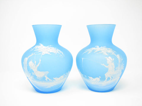 edgebrookhouse - Vintage Westmoreland Mary Gregory Style Blue Mist Glass Vases of Boy & Girl - Set of 2
